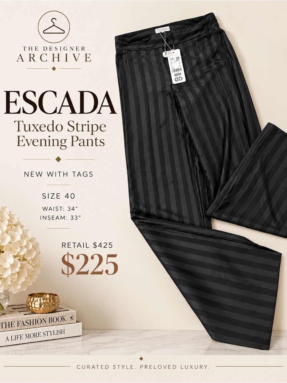 ESCADA NWT Black Tuxedo Stripe Wide Leg Evening Pants Size 40